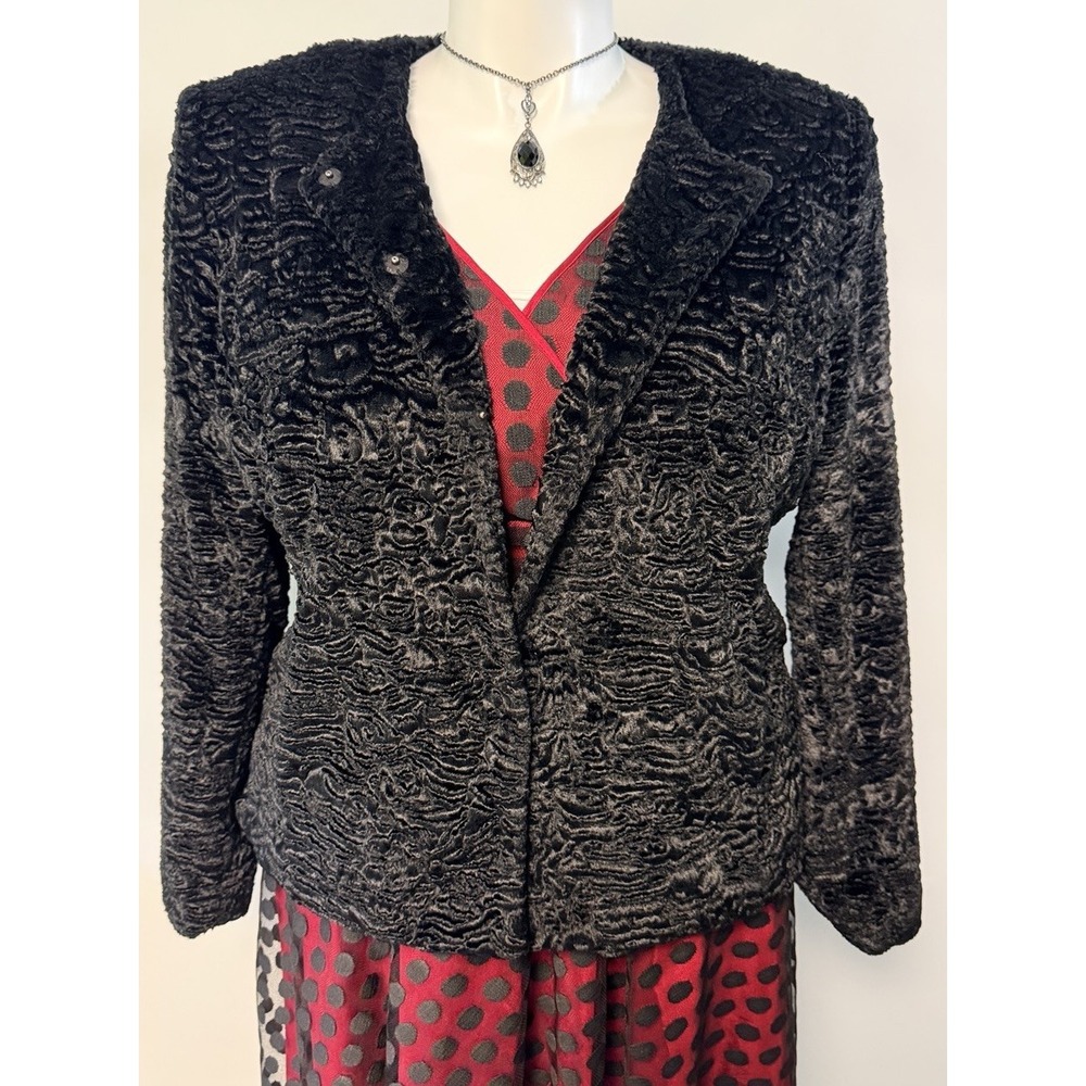 Kate Hill Faux Fur Coat Womens 20W Black Persian Lamb Old Money Preppy Glam